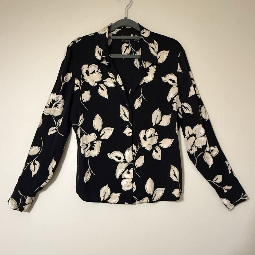 Vtg Silk INC Black Floral ButtonUp Blouse SIZE 10P Womens Luxury Office Corp